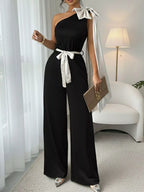 One-Shoulder Bowknot Wide-Leg Belted Jumpsuit Black