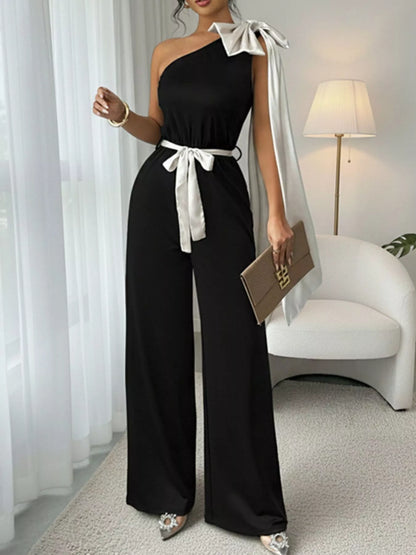 One-Shoulder Bowknot Wide-Leg Belted Jumpsuit Black