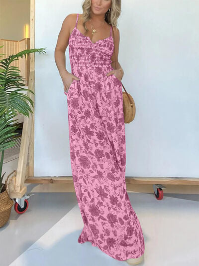 Full Size Printed Spaghetti Strap Wide Leg Jumpsuit - Trendy & Chic Deep Rose