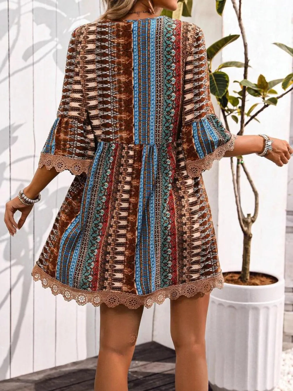 Printed V-Neck Dress with Lace Trim and 3/4 Sleeves
