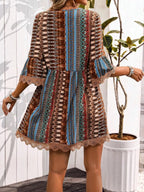 Printed V-Neck Dress with Lace Trim and 3/4 Sleeves