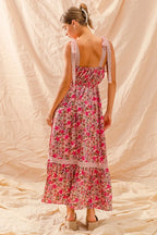 SO ME Floral Maxi Dress with Ribbon Tie Lace Strap â€“ Boho Summer Tiered Dress