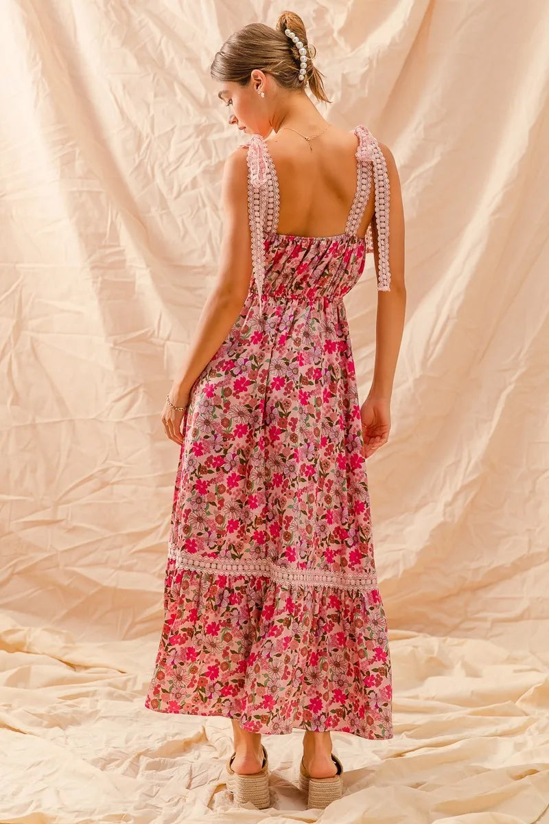 SO ME Floral Maxi Dress with Ribbon Tie Lace Strap â€“ Boho Summer Tiered Dress