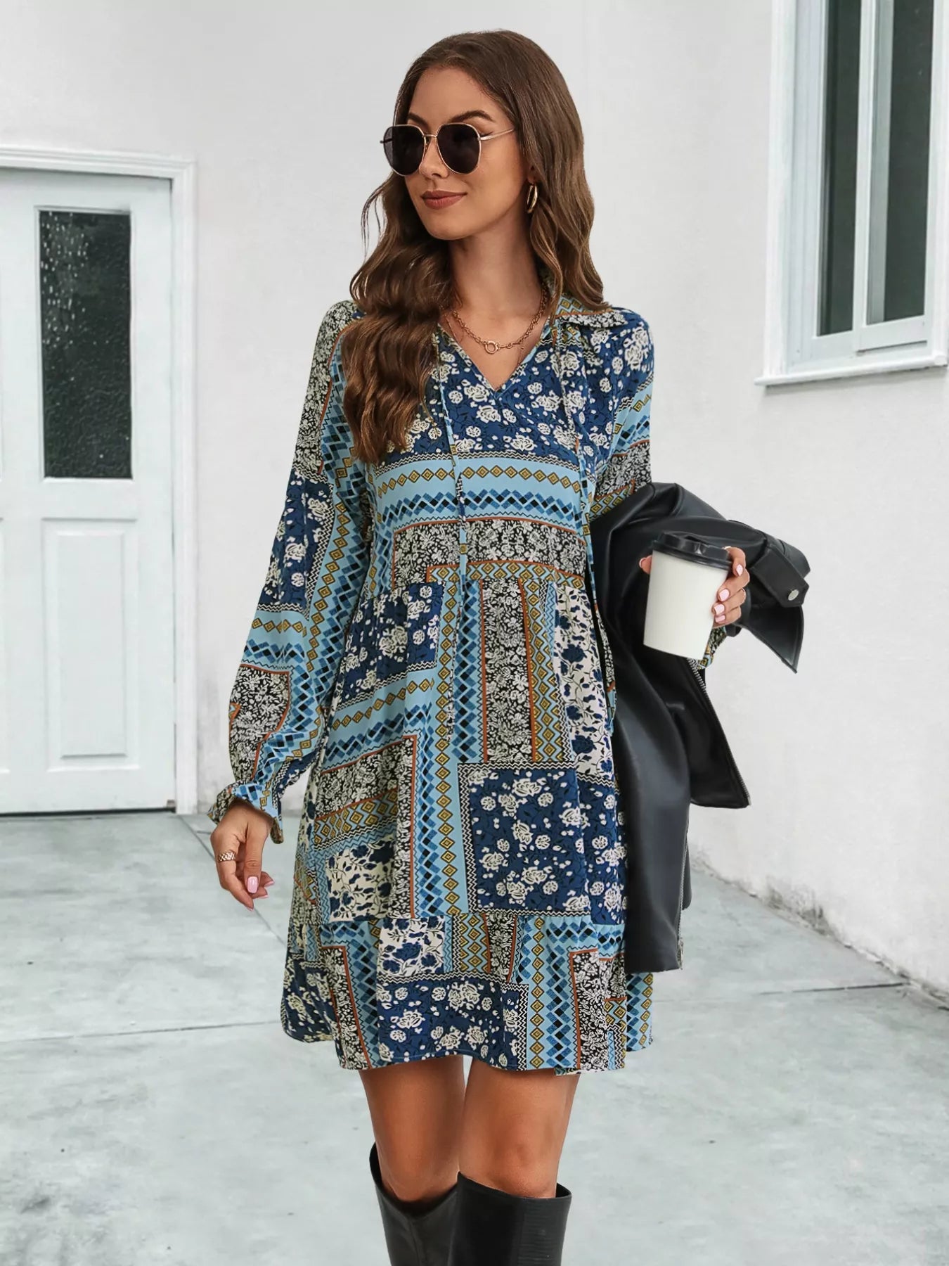 Boho Floral Ruffled Long Sleeve Mini Dress Navy
