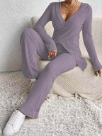 Surplice Long Sleeve Top & Pants Set - Chic Two-Piece Outfit