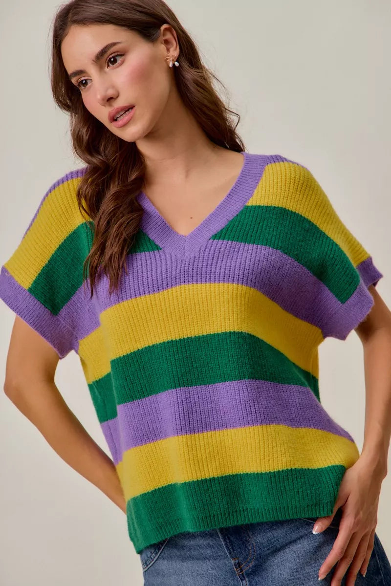 SO ME Mardi Gras Loose-Fit V-Neck Striped Sweater Top