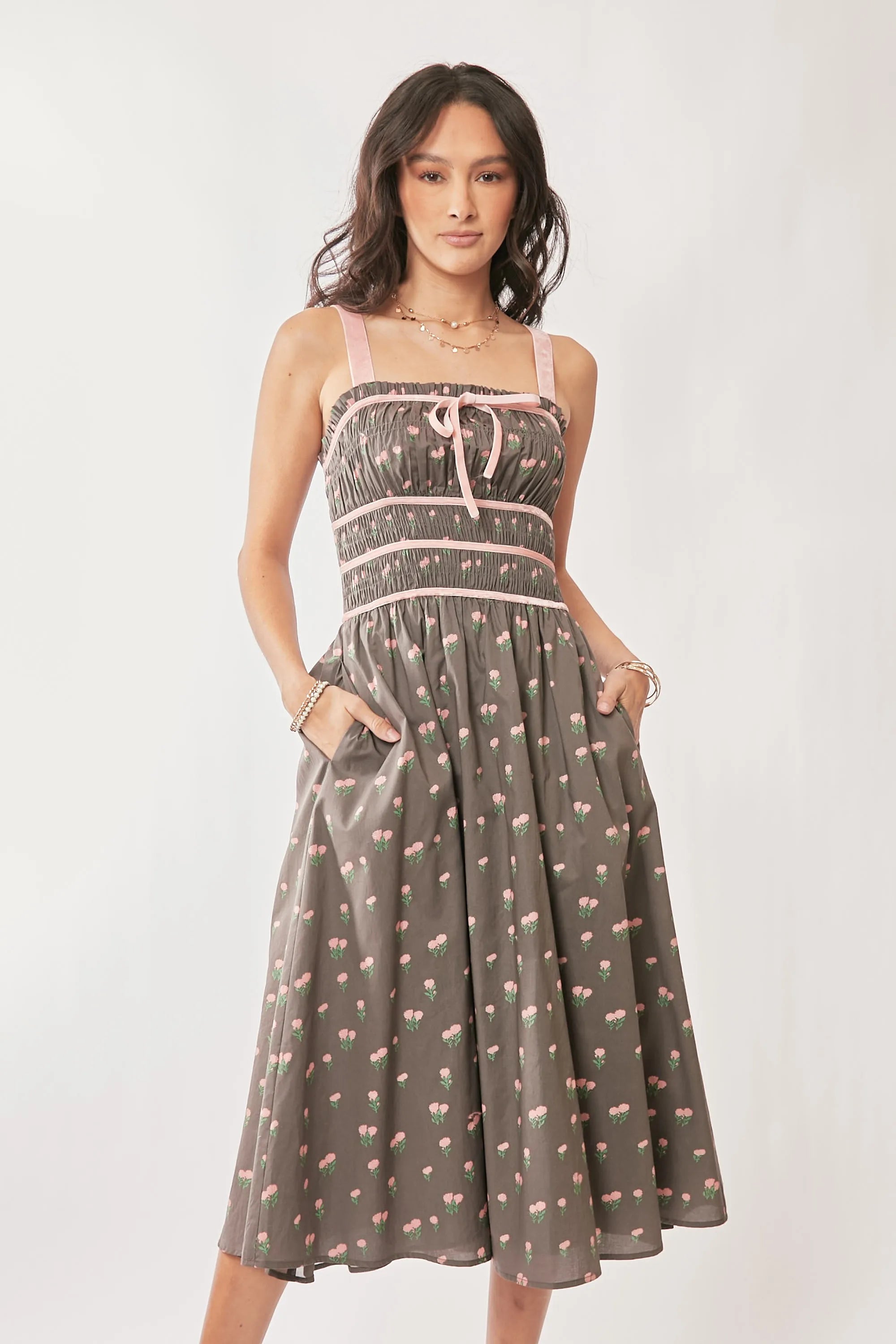 Davi & Dani Contrast Velvet Tape Smocking Bodice Midi Dress