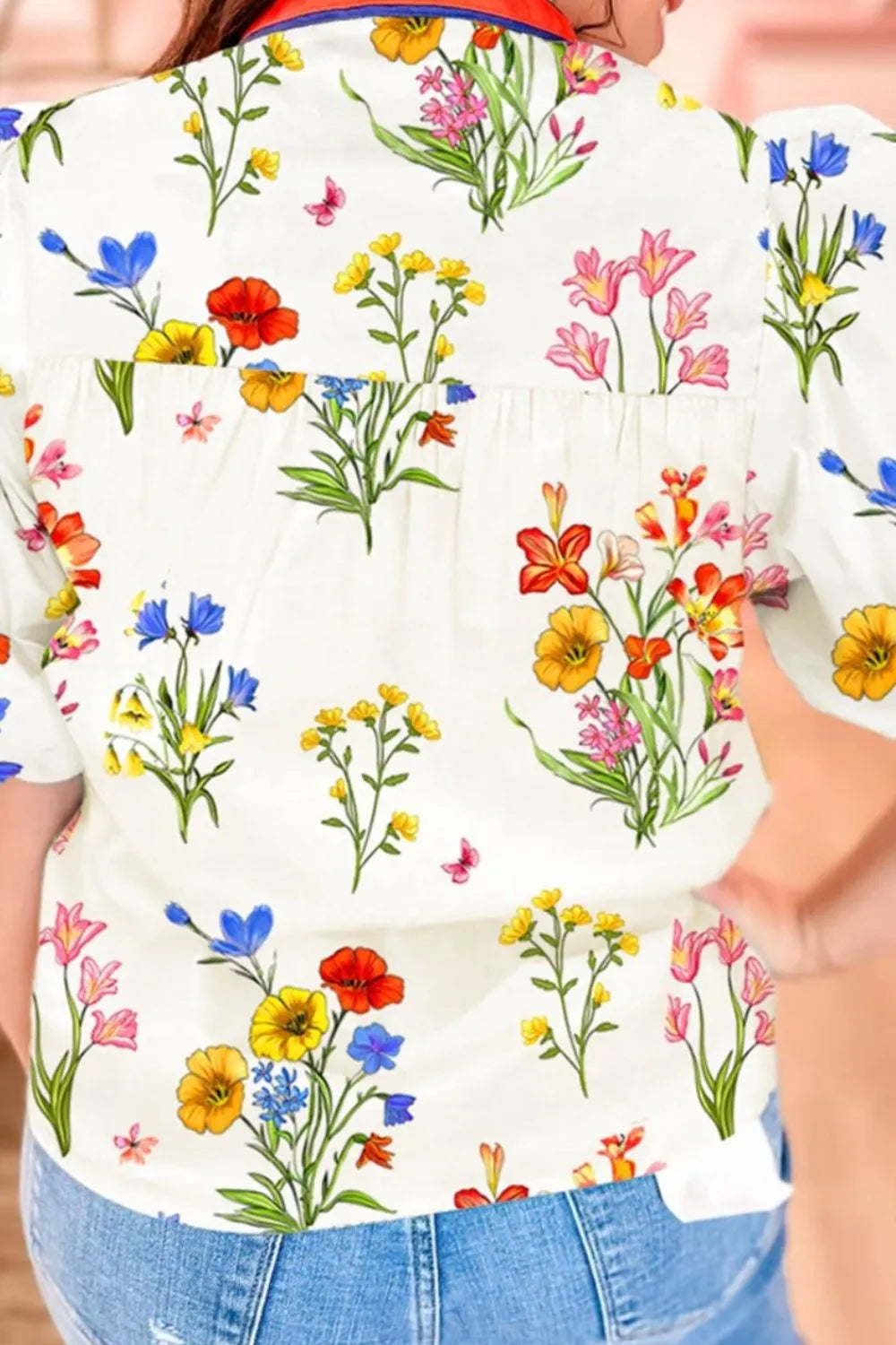 BloomEase Puff Sleeve Floral Notched Blouse