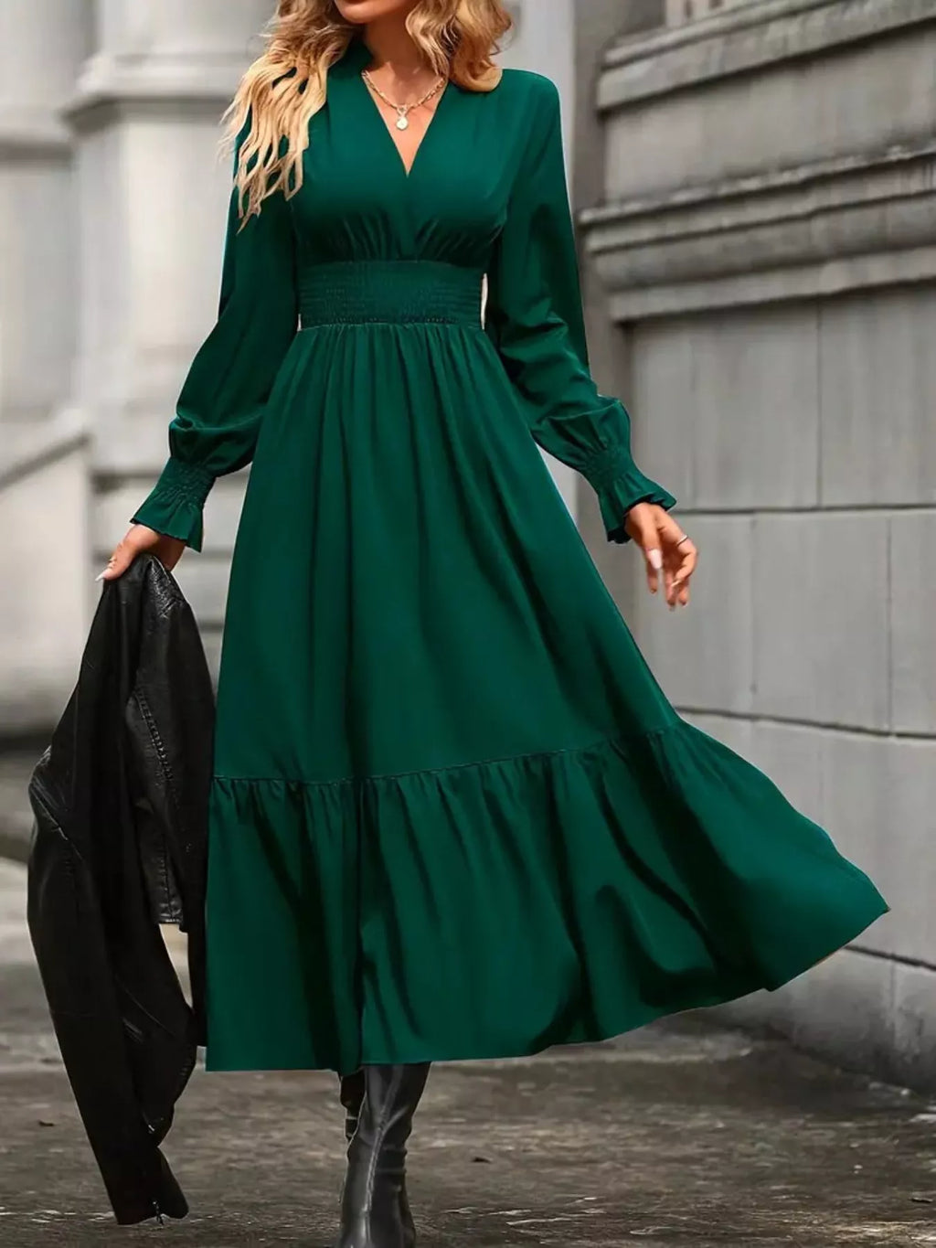 Elegant Ruched Surplice Long Sleeve Tiered Midi Dress