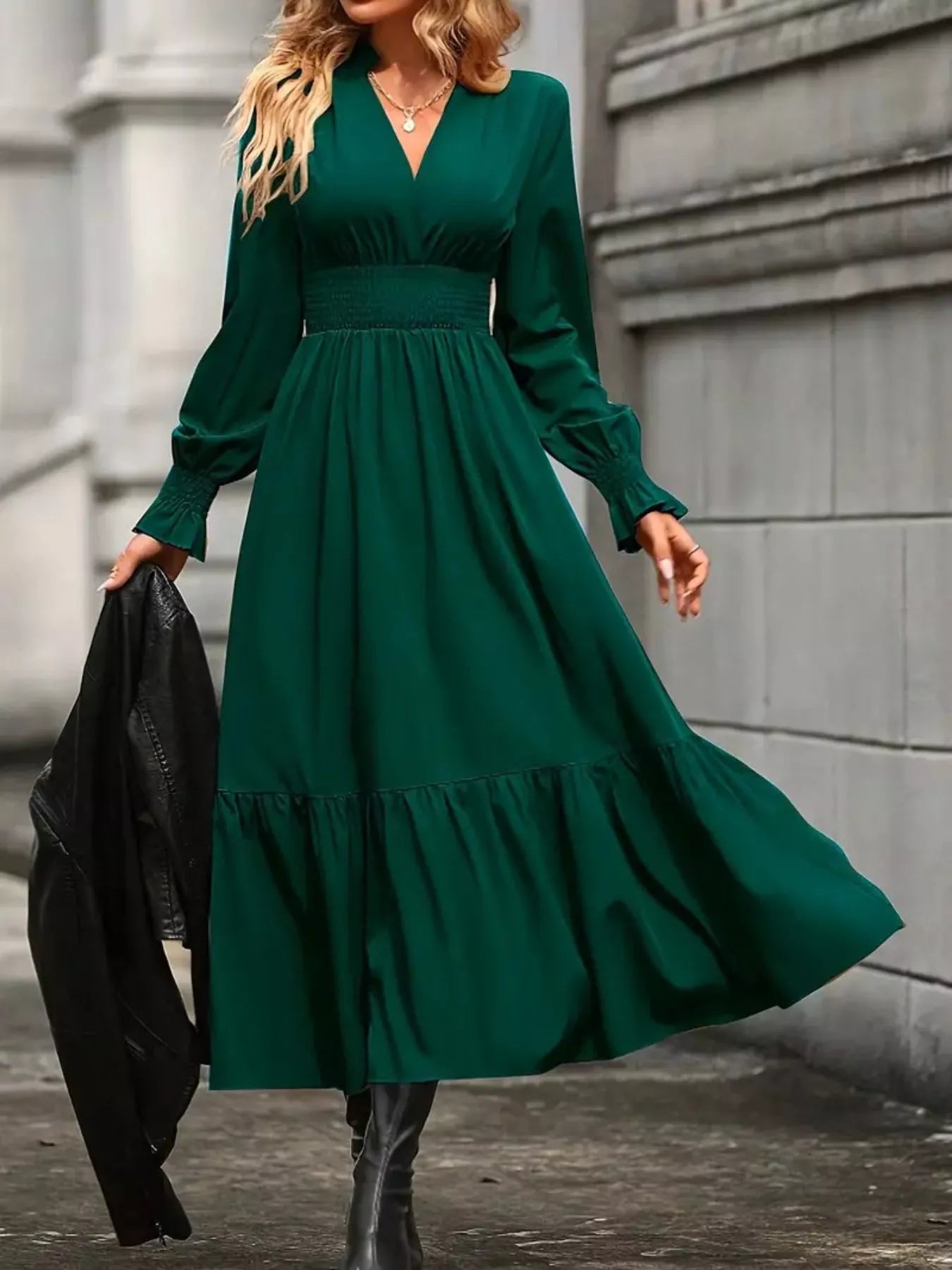 Elegant Ruched Surplice Long Sleeve Tiered Midi Dress
