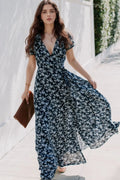 Floral Surplice Dress with Tie Waist and Side Slit Navy
