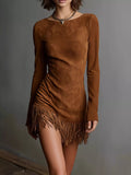 Trendy Suede Fringe Hem Mini Dress with Zip Detail Brown