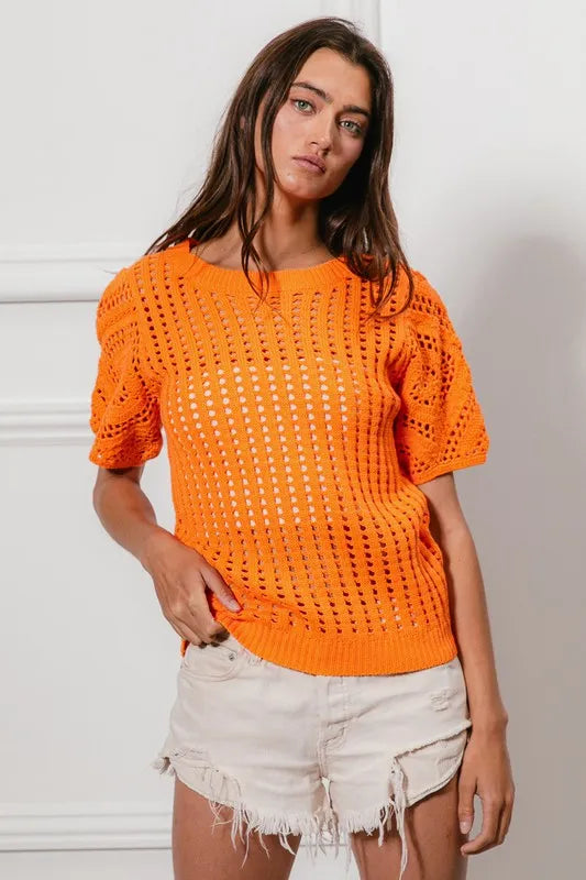 BiBi Puff Sleeve Crochet Knit Beach Cover-Up