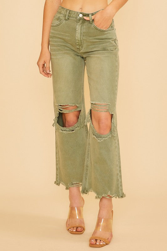 Annie Wear Distressed Raw Hem Jeans Yellow-Green