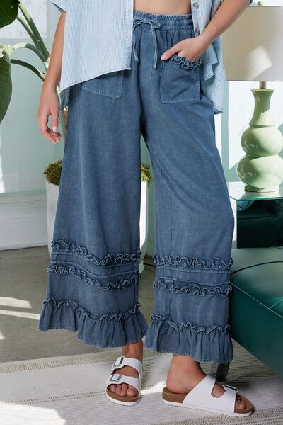 Mittoshop Ruffle Trim Pocket Mineral Wash Wide Leg Pants