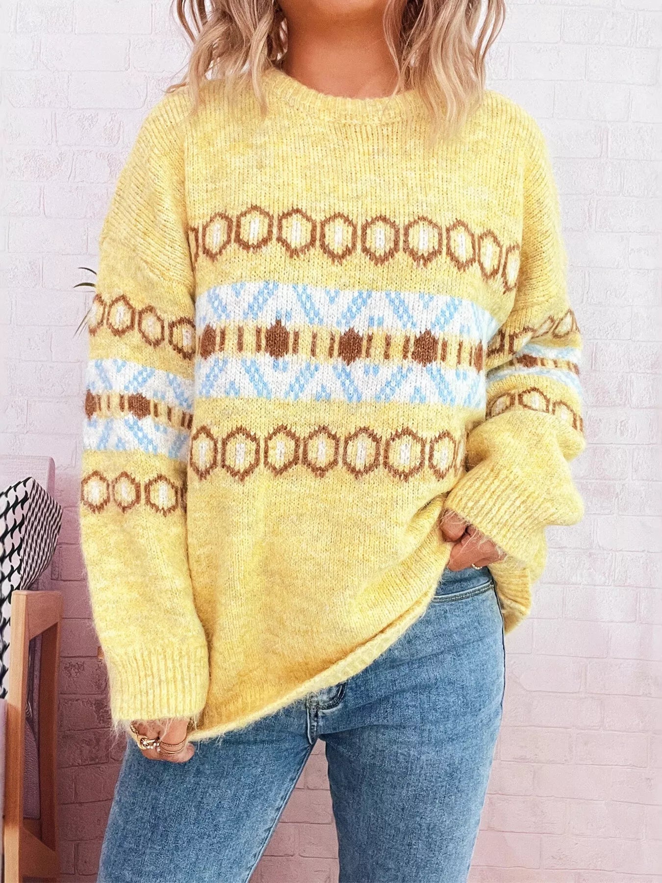 Contrast Color Round Neck Drop Shoulder Sweater Yellow One size