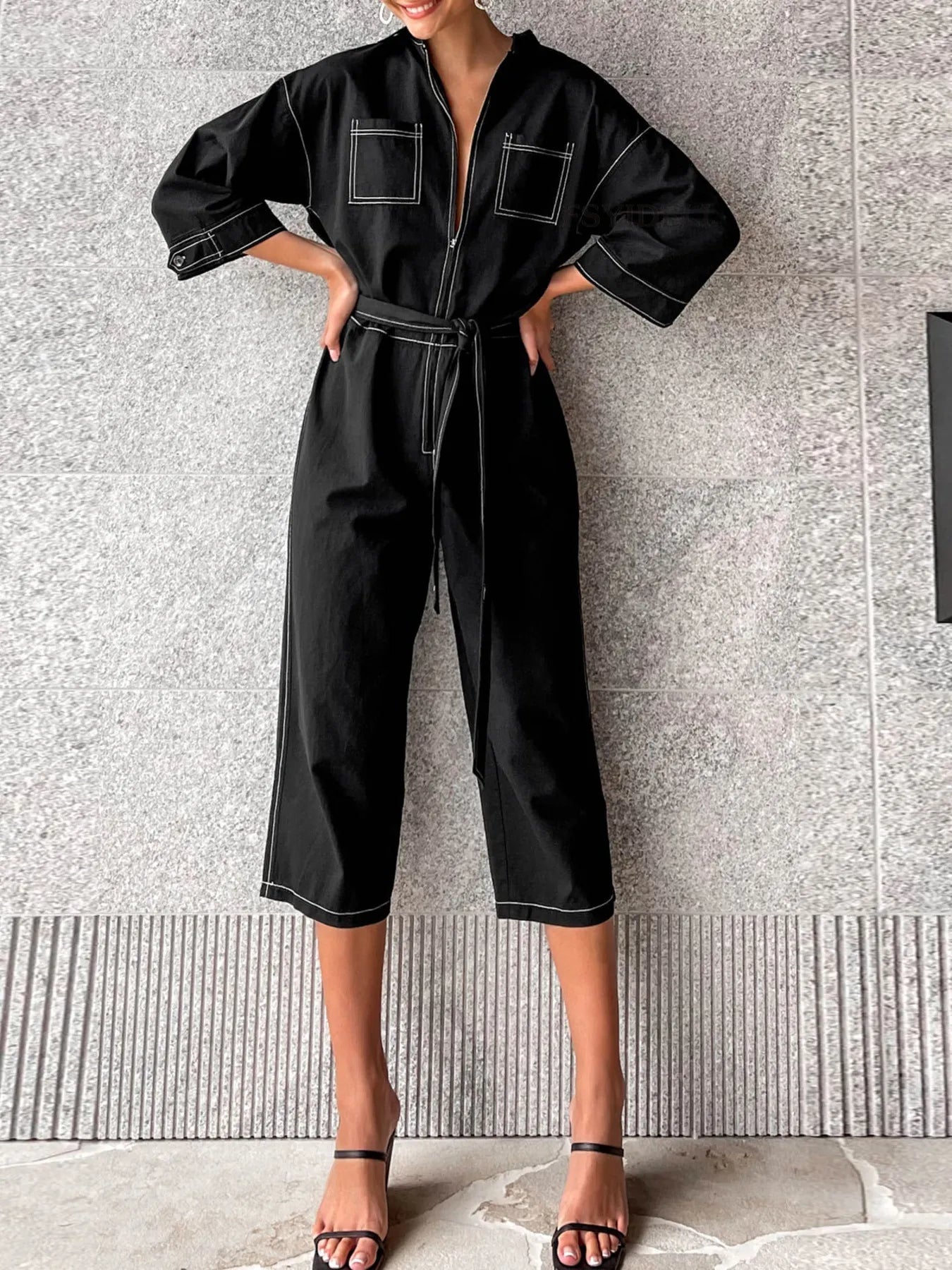 Tie Waist Wide Leg Jumpsuit – Elegant Belted One-Piece with Pockets