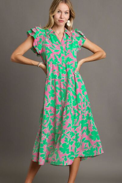 Umgee Full Size Floral Collared Ruffle Cap Sleeve Midi Dress EMERALD MIX