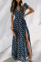 Floral Surplice Dress with Tie Waist and Side Slit