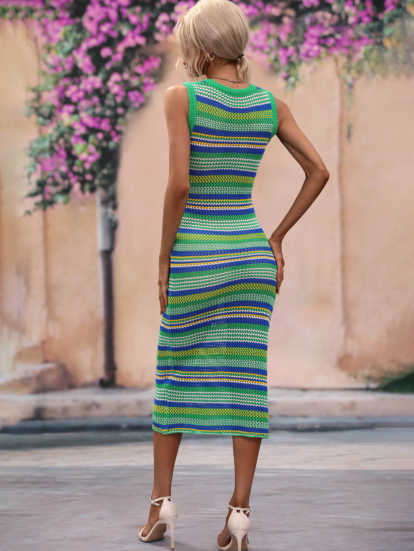 CoastEase Striped Sleeveless Round Neck Cover-Up Midi Dress