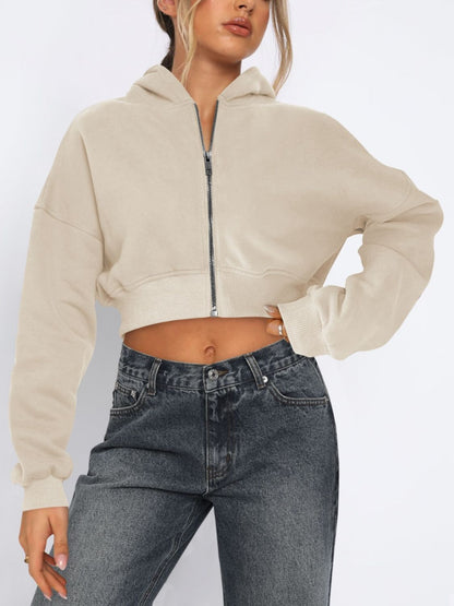 Zip-Up Long Sleeve Hooded Cropped Jacket Khaki