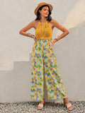 Openwork Halter-Neck Floral Wide-Leg Jumpsuit Gold