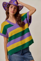SO ME Mardi Gras Loose-Fit V-Neck Striped Sweater Top