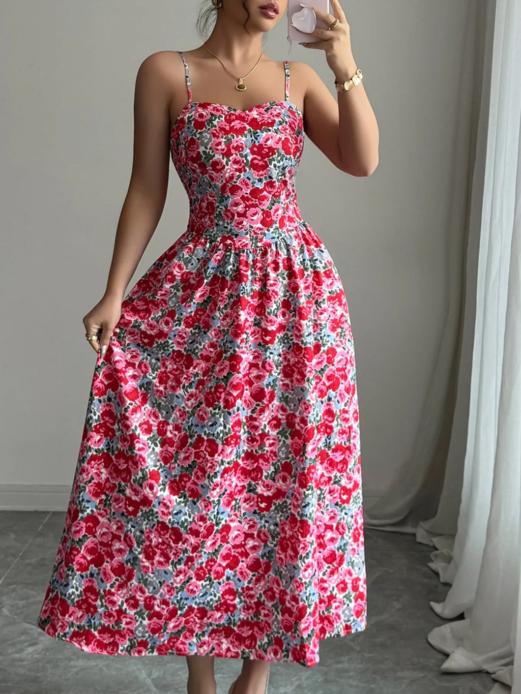 Floral Print Sweetheart Neckline Cami Maxi Dress