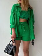 Chic Textured Button-Up Shirt & Shorts Two-Piece Set