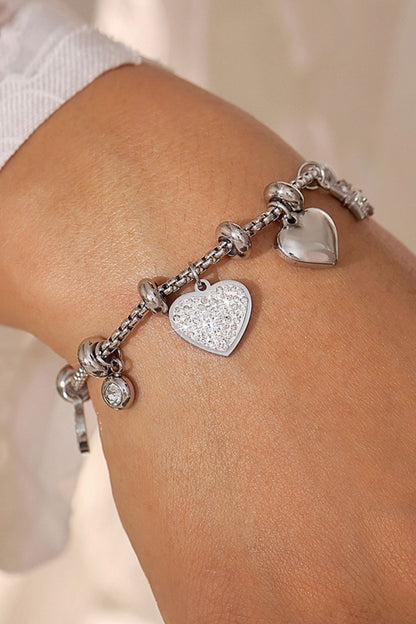 18K Gold-Plated Titanium Steel Heart Charm Bracelet with Zircon Silver One Size