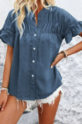 Ruffled Ruched Button Shirt - Feminine Flair Dusty Blue