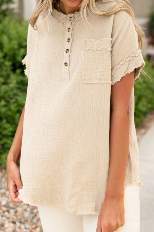 Textured Frayed Trim Half Button Short Sleeve Top Beige