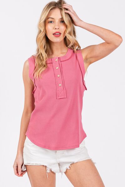 Ces Femme Stitch Detail Half-Button Ribbed Tank