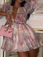 Floral Print Ruffled Mini Dress with Deep V-Neck