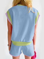 Contrast Round Neck Top and Shorts Set - Stylish & Comfortable