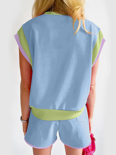 Contrast Round Neck Top and Shorts Set - Stylish & Comfortable