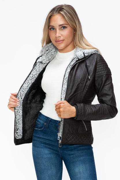 YMI Faux Layered Double-Zipper Jacket with Cozy Fuzzy Hood