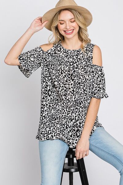 Heimish Full Size Leopard Print Cold Shoulder T-Shirt