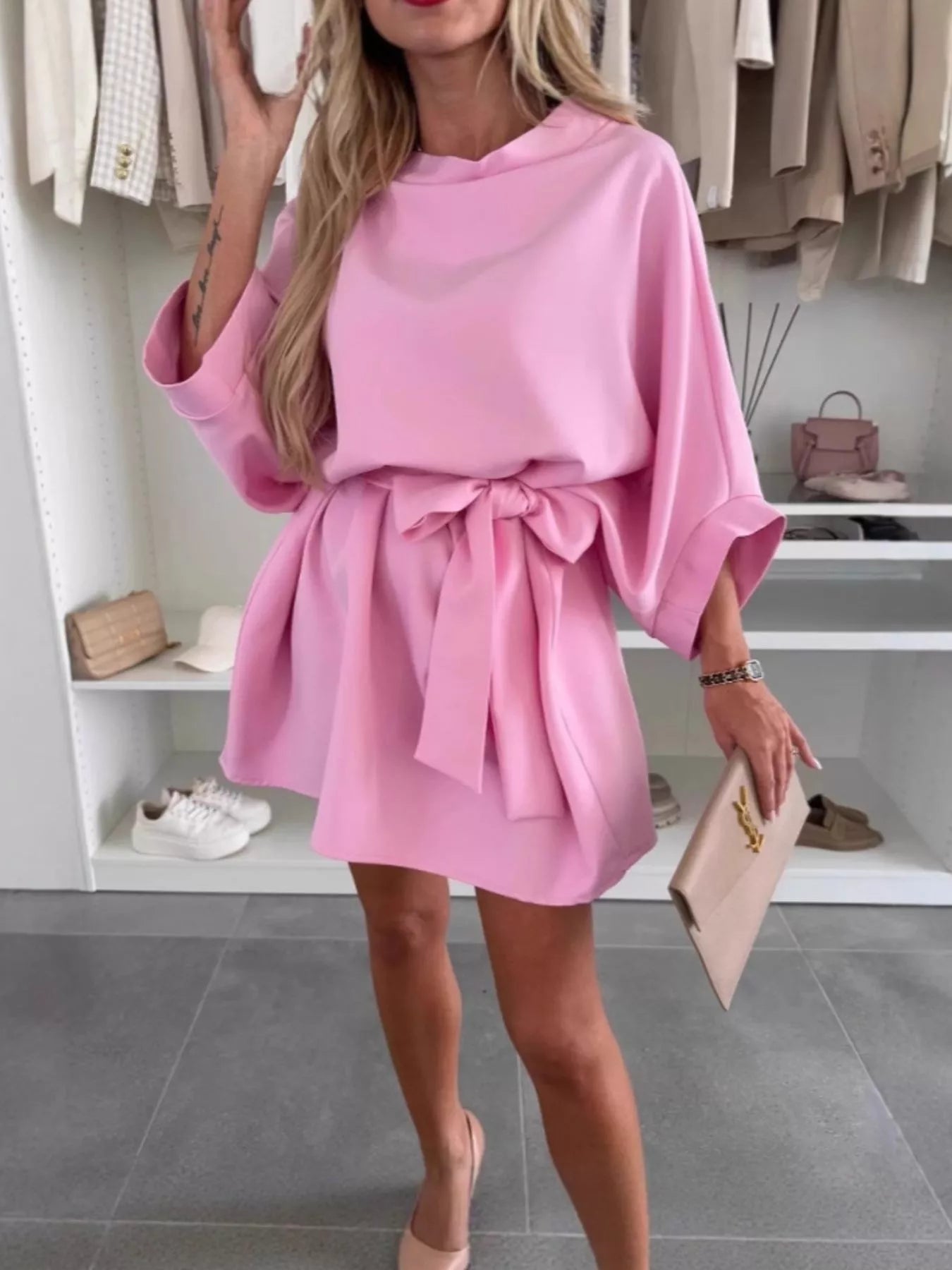Batwing Sleeve Tie-Waist Mini Dress Pink
