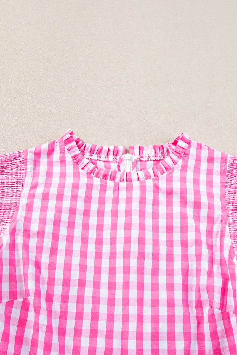 Checkered Ruffled Sleeve Frilled Neck Blouse