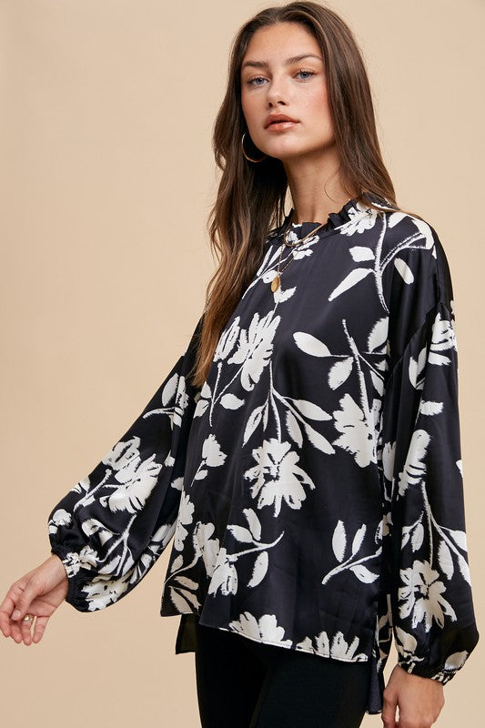 AnnieWear Frill Balloon Sleeve Printed Blouse