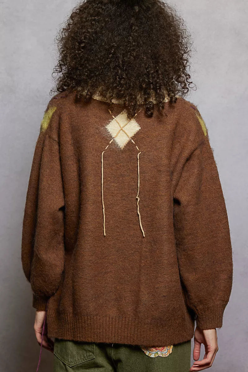 POL Argyle Dreams V‑Neck Mohair Sweater with Contrast Stitch