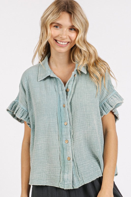 Mineral Washed Button-Down Flounce Sleeve Shirt Faded Blue