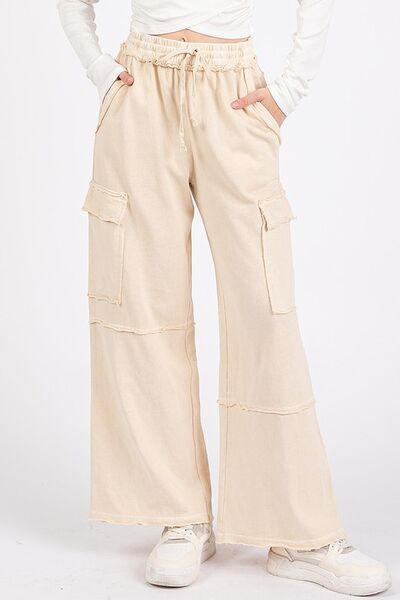 Mittoshop Mineral Wash Elastic Waist Cargo Wide Leg Pants Oatmeal