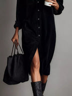 Corduroy Button-Front Pocketed Midi Dress