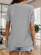 Casual Ribbed Button V-Neck Short Sleeve Top