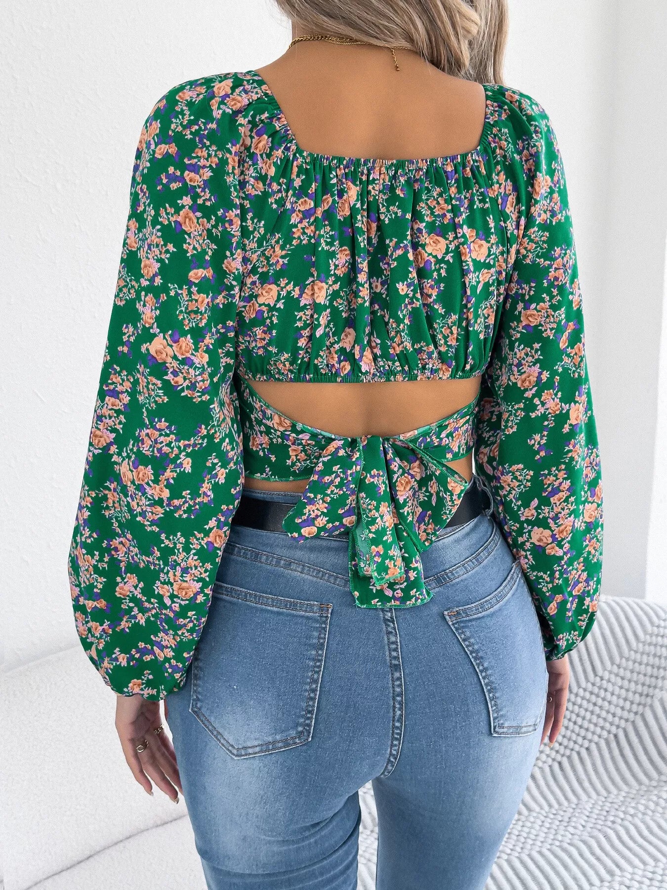 Floral Square Neck Ruched Crop Blouse with Balloon Sleeves