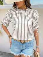 Striped Half Sleeve Blouse with Drawstring & Button Detail