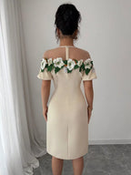 Floral Embroidered Puff Sleeve Dress with Mesh Shoulder