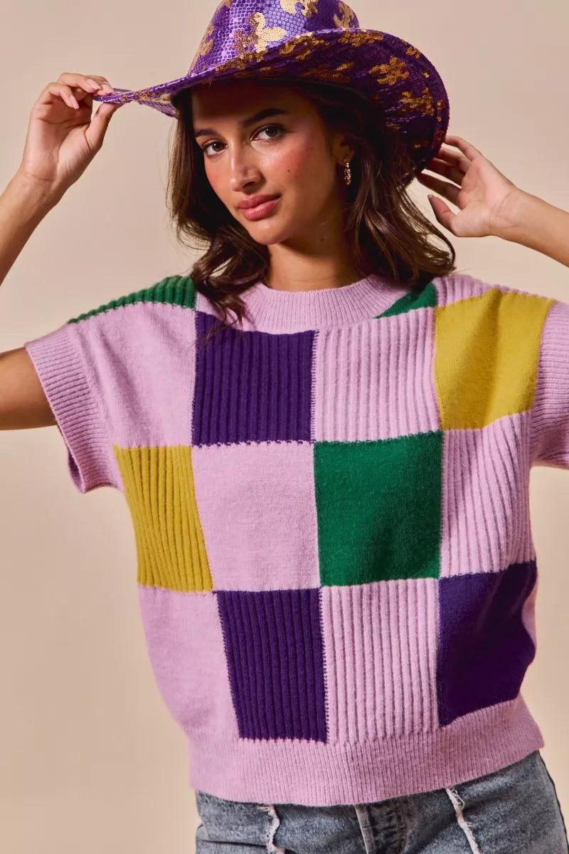 SO ME Mardi Gras Check Plaid Casual Knit Sweater Top